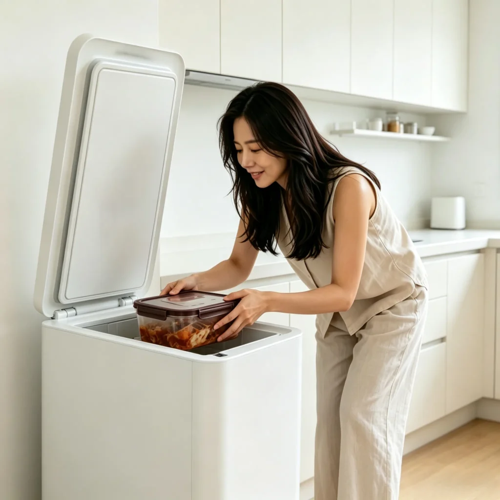 바닥형 김치냉장고를 사용하며 허리를 굽이는 모습